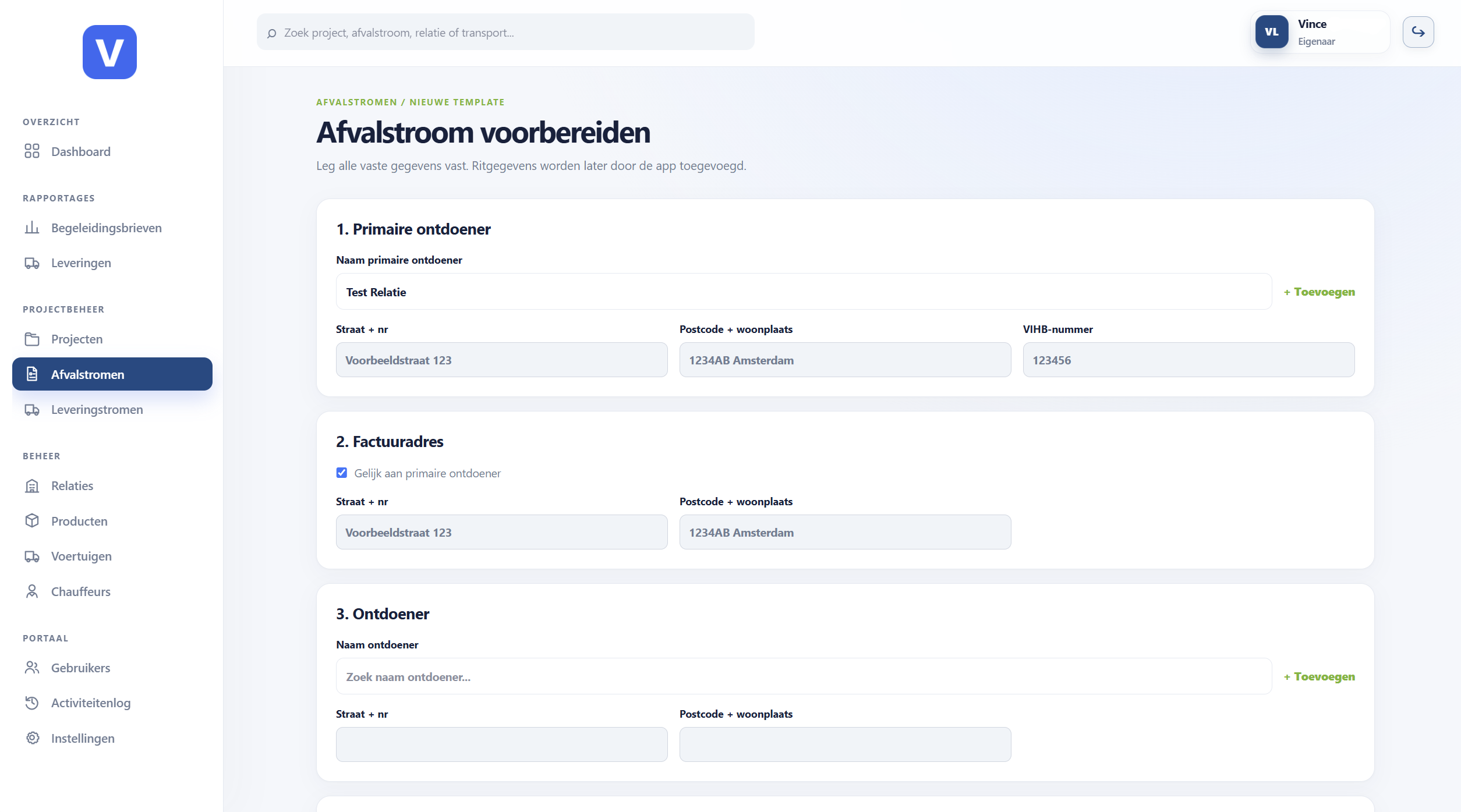 Het echte VIRY-scherm voor het voorbereiden van een nieuwe afvalstroom
