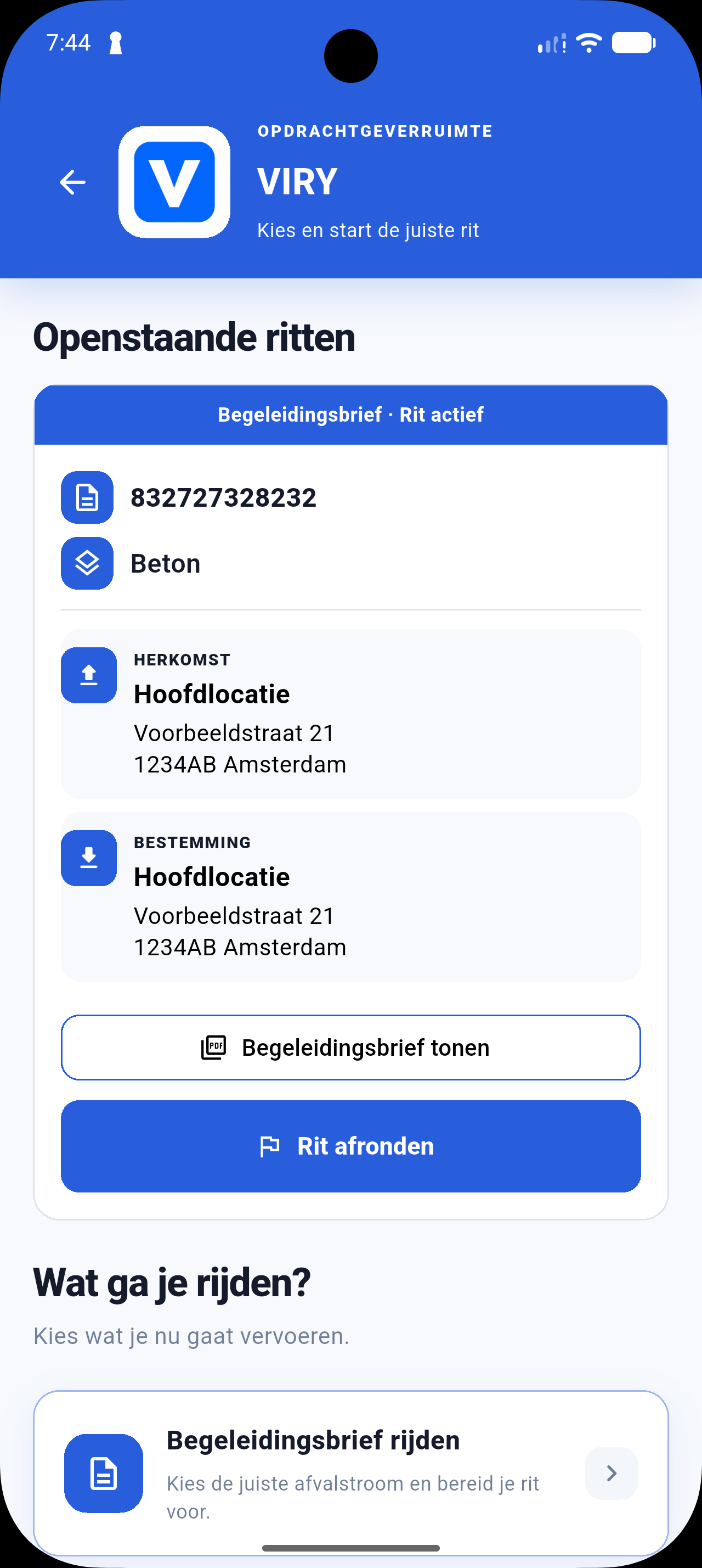 Een actieve rit in de blauwe VIRY-app met de knoppen Begeleidingsbrief tonen en Rit afronden