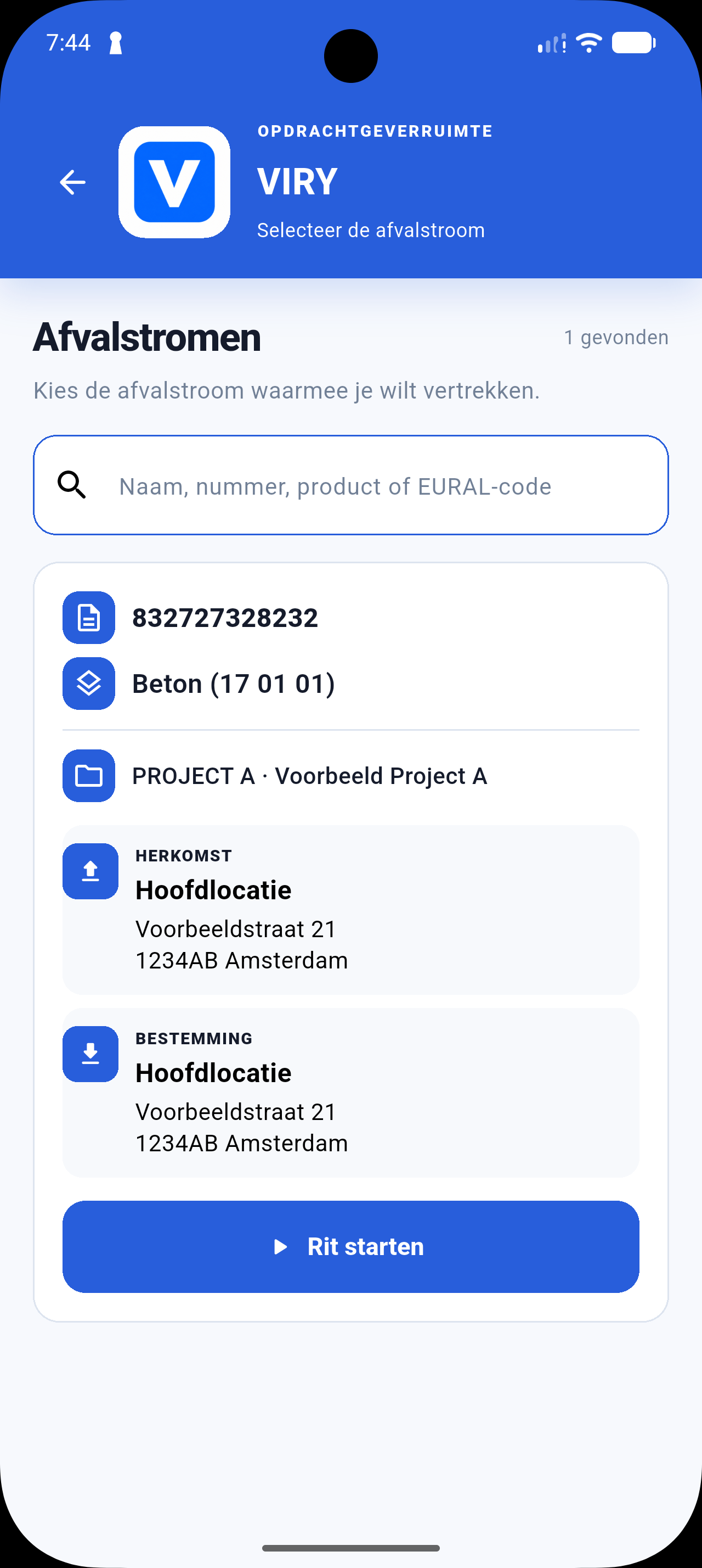 De VIRY-app in blauw met afvalstroom, project, herkomst, bestemming en de knop Rit starten