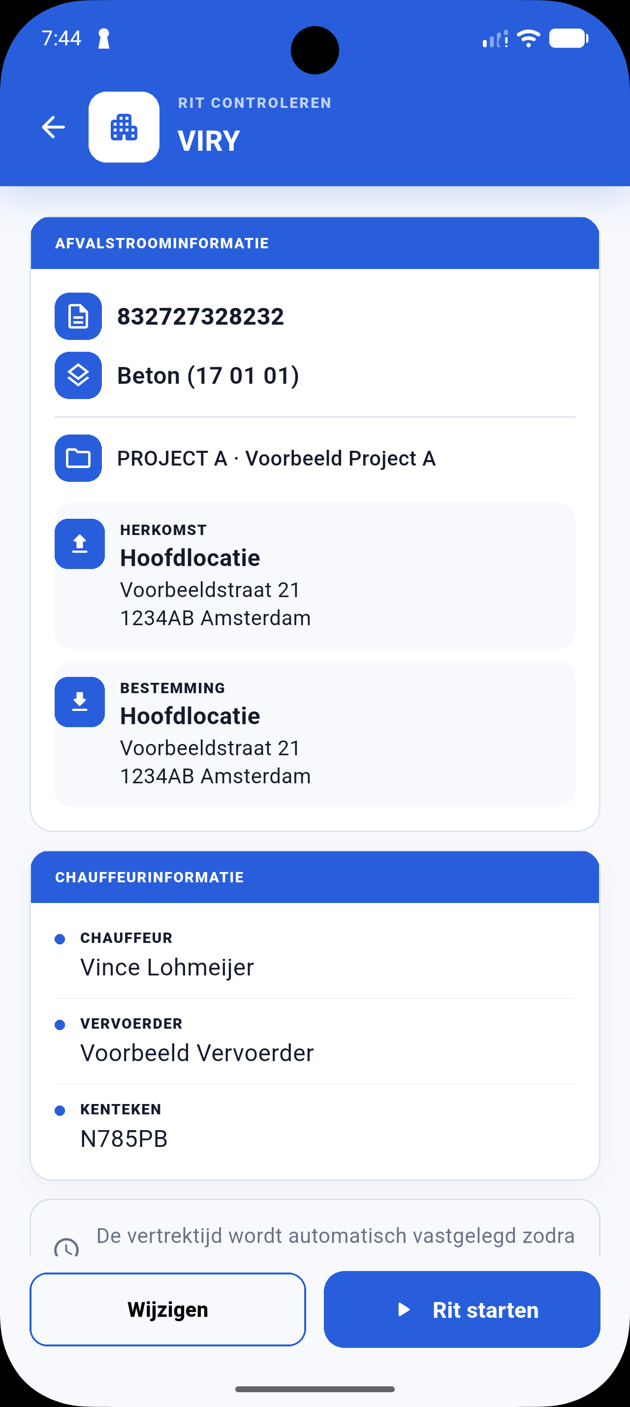 De blauwe VIRY-chauffeursapp met ritgegevens, chauffeur, vervoerder, kenteken en de knop Rit starten