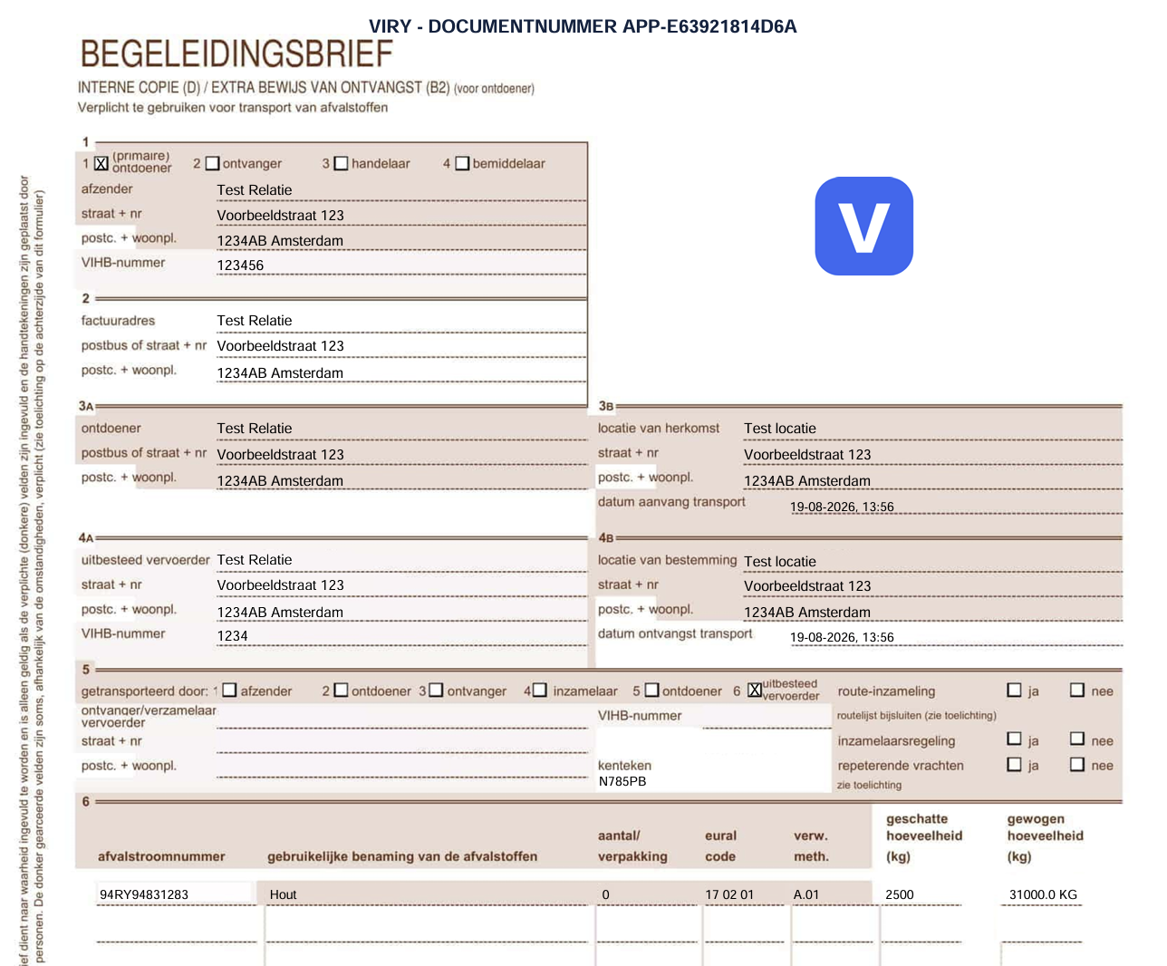 Voorbeeld van een door VIRY gemaakte begeleidingsbrief met een eigen bedrijfslogo