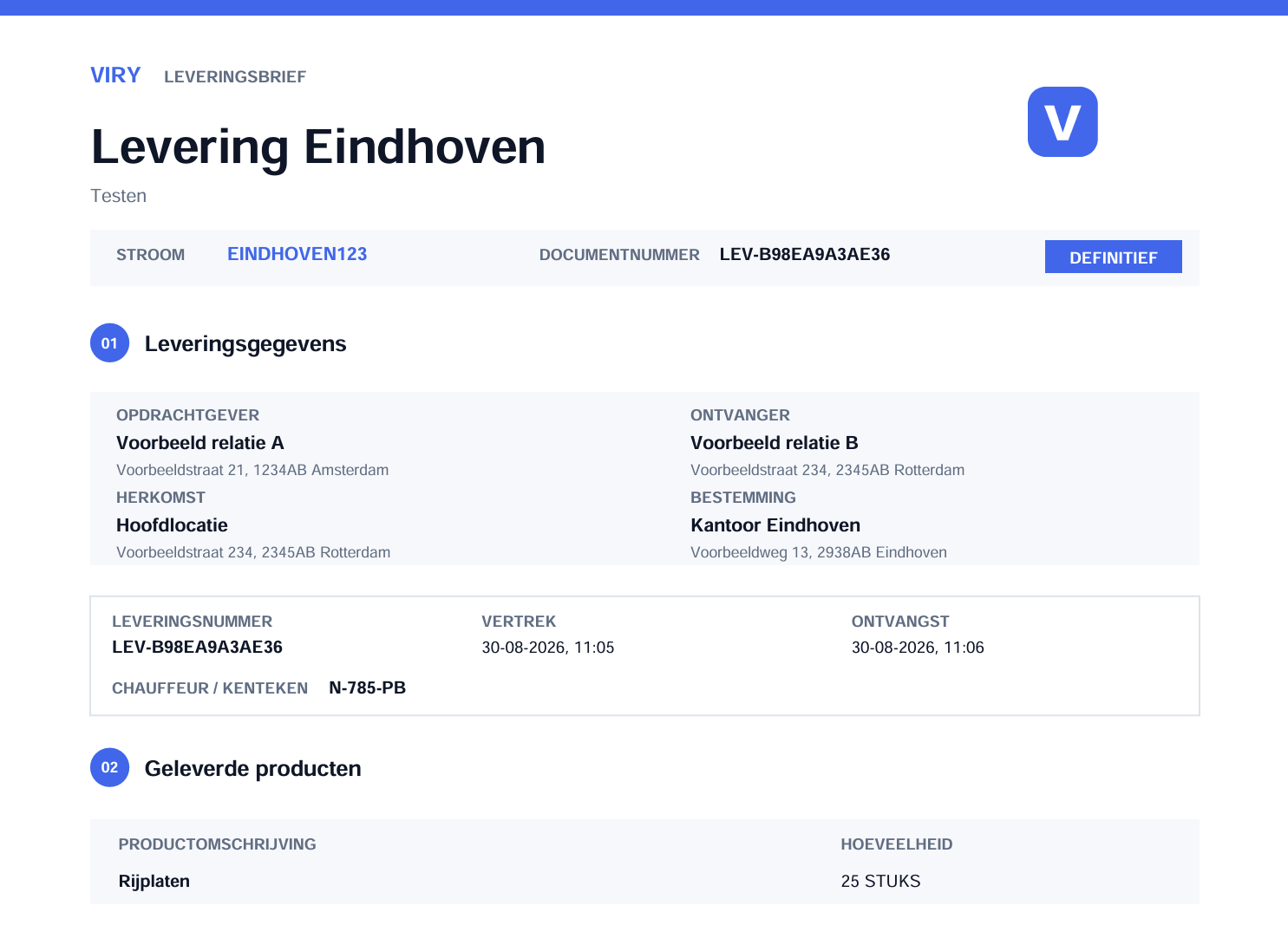 Digitale leveringsbrief die onderweg door de chauffeur kan worden getoond
