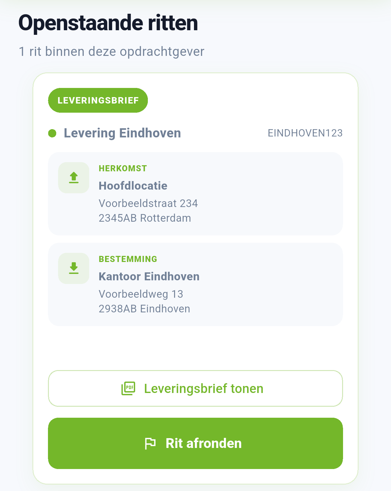 Huidige VIRY-leveringsrit met volledige adresgegevens van herkomst en bestemming